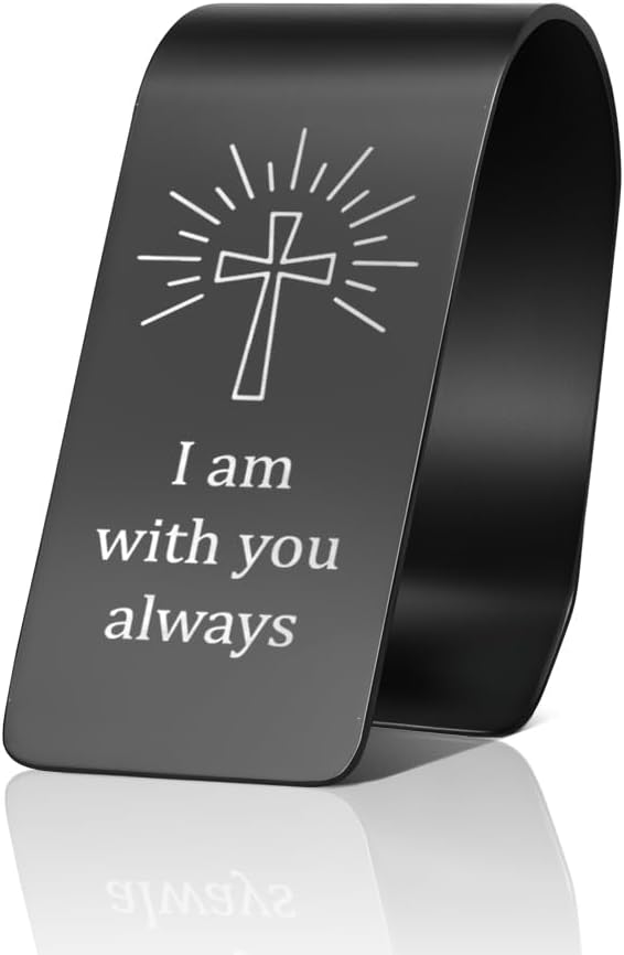 I Am with You Always Engraved Black Stainless Steel Car Visor Clip, Prayer Cross Sun Visor Clip for Religious Believers, Sweet 16 Gifts, Safe Driving Gifts for New Drivers Family Friend