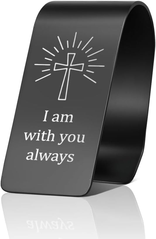 I Am with You Always Engraved Black Stainless Steel Car Visor Clip, Prayer Cross Sun Visor Clip for Religious Believers, Sweet 16 Gifts, Safe Driving Gifts for New Drivers Family Friend