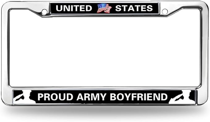 Proud Army Boyfriend 2-Holes Stainless License Plate Frame,Proud US Army Polish White Stainless Steel License Plate Frame with Screws Caps Sets
