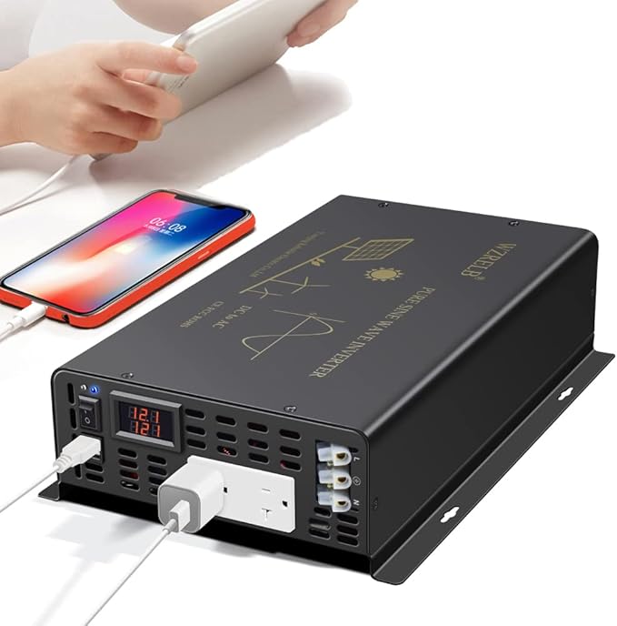 3000Watt Pure Sine Wave Power Inverter 12VDC to 120VAC 6000W Peak Built-in Soft Starter Dual AC Outlets 2× 2.4A USB Port &Hardwire Terminal Off-Grid Solar Converter RV Trucks (U5-300012)
