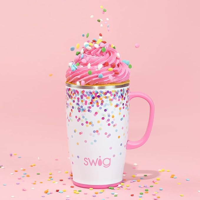Swig Life 18oz Travel Mug, Insulated Tumbler with Handle and Lid, Cup Holder Friendly, Dishwasher Safe, Lightweight Stainless Steel Travel Coffee Cup, Glitter Tumbler, Glitter Gifts (Confetti)