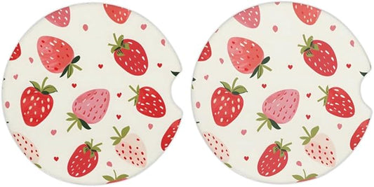 Cup Holder Coasters (2 Pack), Cork Base, Universal, Funny Aesthetic Car & Home Accessories (White Strawberries)