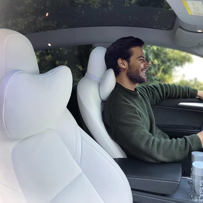 Upgraded Car Headrest Pillow 2 Packs Genuine Nappa Leather Car Neck Pillow Tesla Model Y Model 3 Model X Model S Universal Fit Neck Support Cushion White