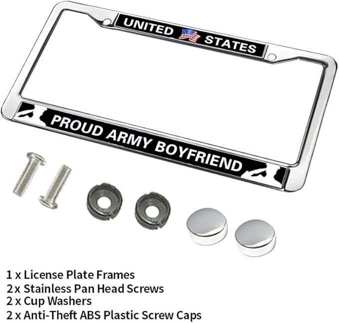 Proud Army Boyfriend 2-Holes Stainless License Plate Frame,Proud US Army Polish White Stainless Steel License Plate Frame with Screws Caps Sets