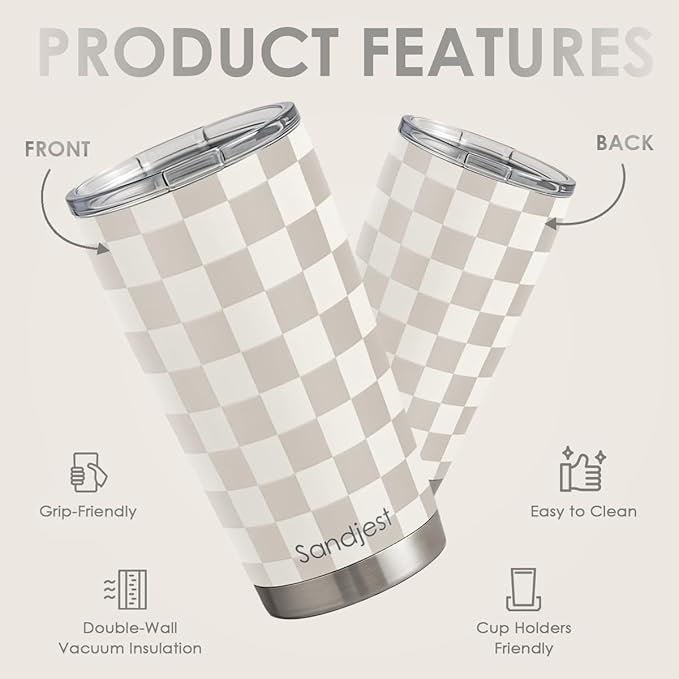 Checkered Tumbler 20oz Stainless Steel Insulated, Checker Travel Coffee Cup, Bow Gifts for Women Girls Teen, Birthday Christmas (Beige)