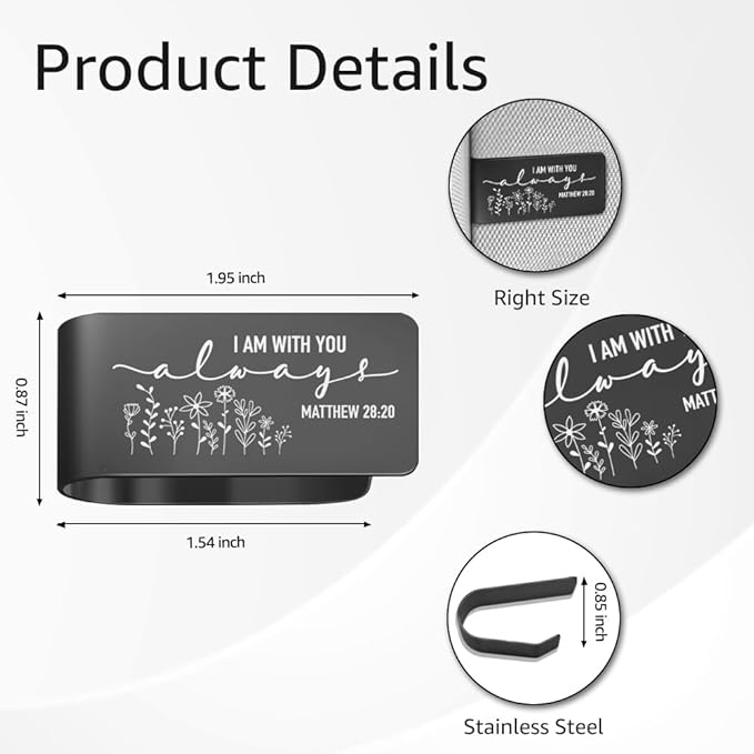 I Am with You Always Black Stainless Steel Car Visor Clip, Matthew 28:20 Sign Sun Visor Clip, Safe Driving Religious Gifts for New Drivers Friends Family Religious Lovers, Sweet 16 Gifts