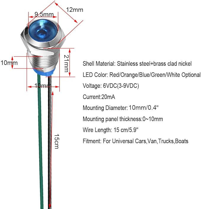 10mm 3V-4.5V-5V-6V-7.5V-9VDC Waterproof Signal Indicator Lamp with Wire, Energy Saving LED Metal Indicator Light(5pcs x Blue)