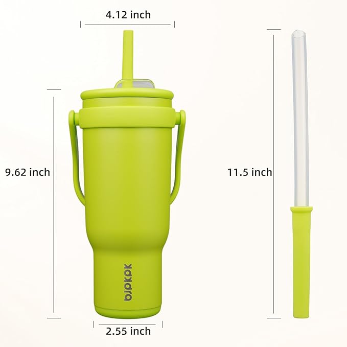 BJPKPK 40 OZ Insulated Travel Tumbler with Handle and Straw, Stainless Steel Water Bottle, Double Wall Vacuum Insulated Mug, for Work, Car, Travel, Bright Green