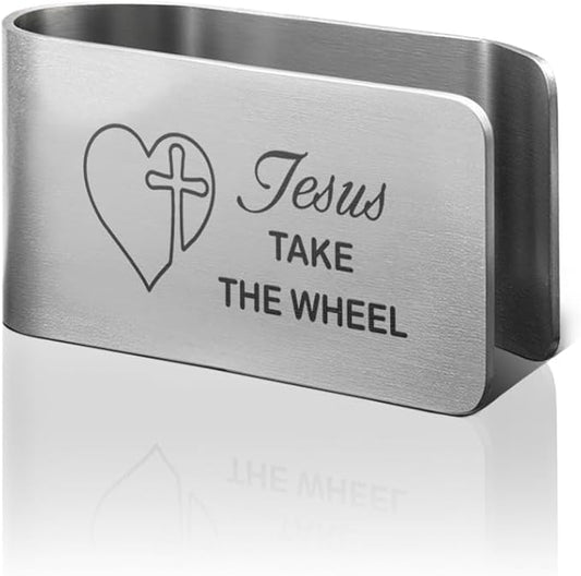 Jesus Take The Wheel Funny Religious Engraved Stainless Steel Car Visor Clip, Christian Gifts for Family Friend Driver, Travels Visor Car Accessories, Driving Safety Prayer Religious Gifts