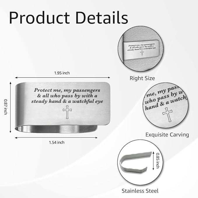 Protect Me My Passengers and All Who Pass by Engraved Stainless Steel Car Visor Clip, Reminder to Stay Safe, Safe Driving Religious Gifts for Family Friend Taxi Driver, New Driver Gifts