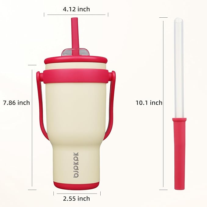 BJPKPK 30 OZ Insulated Travel Tumbler with Handle and Straw, Stainless Steel Water Bottle, Double Wall Vacuum Insulated Mug, for Work, Car, Travel, Cream