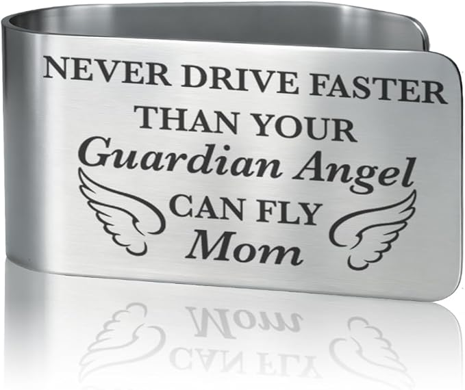 Never Drive Faster Than Your Guardian Angel Can Fly Mom Engraved Stainless Steel Car Visor Clip, Inspirational Guardian Angel Safe Driving Gifts for Son Daughter, Drive Safe Reminder Gifts
