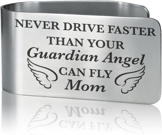 Never Drive Faster Than Your Guardian Angel Can Fly Mom Engraved Stainless Steel Car Visor Clip, Inspirational Guardian Angel Safe Driving Gifts for Son Daughter, Drive Safe Reminder Gifts