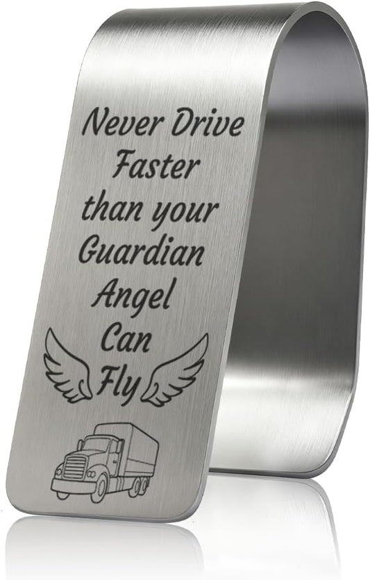 Never Drive Faster Than Your Guardian Angel Can Fly Engraved Stainless Steel Car Visor Clip, Inspirational Guardian Angel Safe Driving Reminder Clip Gifts for Family Friend, Drive Safe Gifts