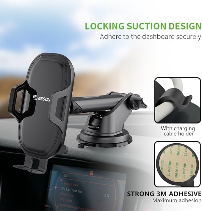Esoulk 360° Rotating Windshield & Dashboard Car Phone Holder – Strong Suction Cup, Adjustable Long Arm, Secure Grip, Compatible with iPhone, Samsung, Android, GPS (Dash (Slide Arm))