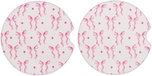 Cup Holder Coaster for Car, 2 Pack Car Coasters for Cup Holders, Cork Base Car Cup Coasters for Drinks, Universal Aesthetic Car Accessories for Women Men, Table Coaster Home Decor (Pink Bow Ribbon)