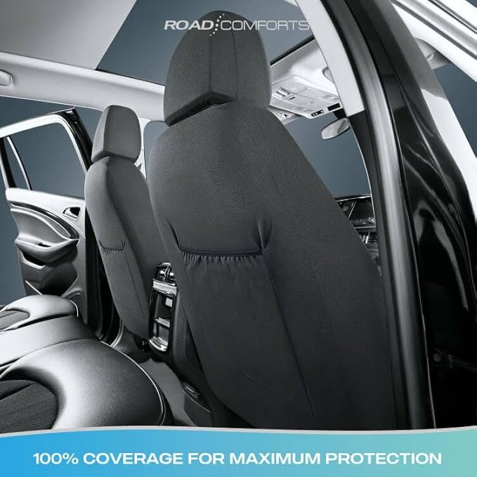 Road Comforts Car Seat Covers for Front Seat, Low Back Heavy Duty Breathable Flax Seat Protector, Airbag, Not Seat Belt Compatible, Washable Seat Cover Fits for Most Cars, Trucks, SUVs, Vans Black