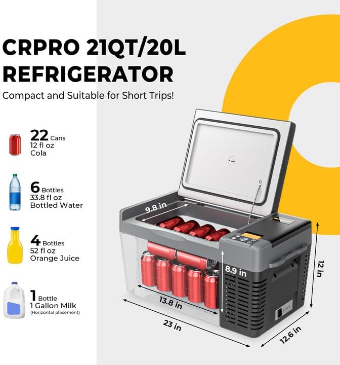 BougeRV 12 Volt Refrigerator, CRPRO 21 Quart 12V Car Fridge, Portable Freezer (-8℉~50℉), Compressor Electric Cooler with 12V/24 DC, 110-240 AC for Outdoor Camping Overlanding Truck RV SUV Van