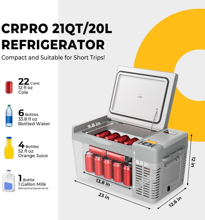 BougeRV 12 Volt Refrigerator, CRPRO 21 Quart 12V Car Fridge, Portable Freezer (-8℉~50℉), Compressor Electric Cooler with 12V/24 DC, 110-240 AC for Outdoor Camping Overlanding Truck RV SUV Van (White)