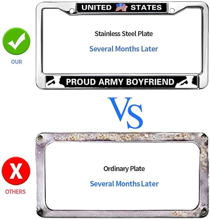 Proud Army Boyfriend 2-Holes Stainless License Plate Frame,Proud US Army Polish White Stainless Steel License Plate Frame with Screws Caps Sets