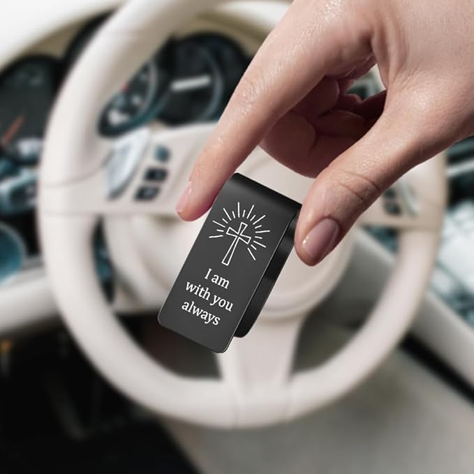 I Am with You Always Engraved Black Stainless Steel Car Visor Clip, Prayer Cross Sun Visor Clip for Religious Believers, Sweet 16 Gifts, Safe Driving Gifts for New Drivers Family Friend