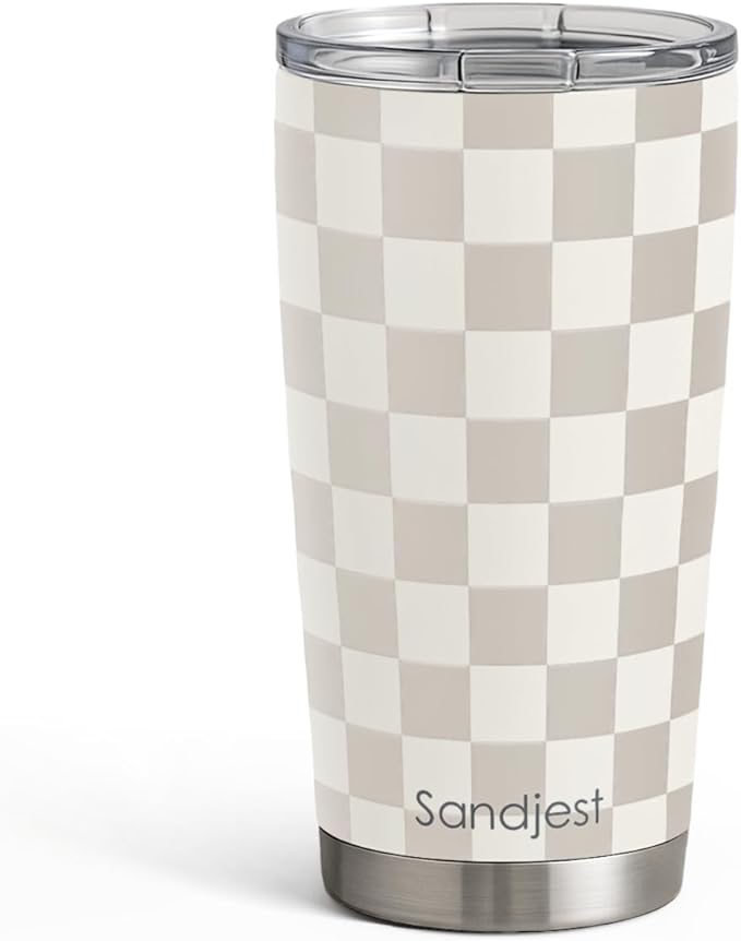 Checkered Tumbler 20oz Stainless Steel Insulated, Checker Travel Coffee Cup, Bow Gifts for Women Girls Teen, Birthday Christmas (Beige)