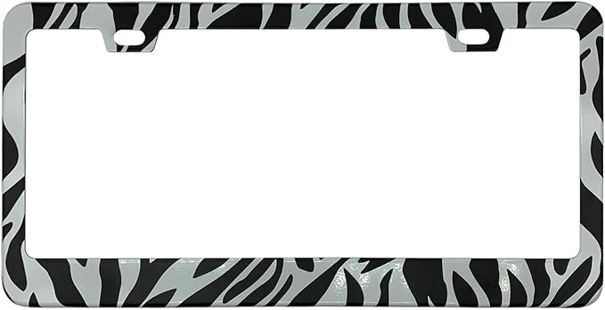 Zebra Print Black White License Plate Frame Cover, Matte White Powder Coated Stainless Steel, Animal Print Auto Car Tag Frame with 2 Holes & Free Screws