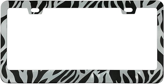 Zebra Print Black White License Plate Frame Cover, Matte White Powder Coated Stainless Steel, Animal Print Auto Car Tag Frame with 2 Holes & Free Screws