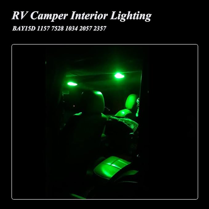 YM E-Bright 1157 Led Bulb, BAY15D 1034 2057 2357 7528 Bulb for RV Camper SUV MPV Car Led Side Marker Lights Reverse Lights Brake Light Bulb,18SMD 5050Chips DC-12V, Green (Pack of 4)