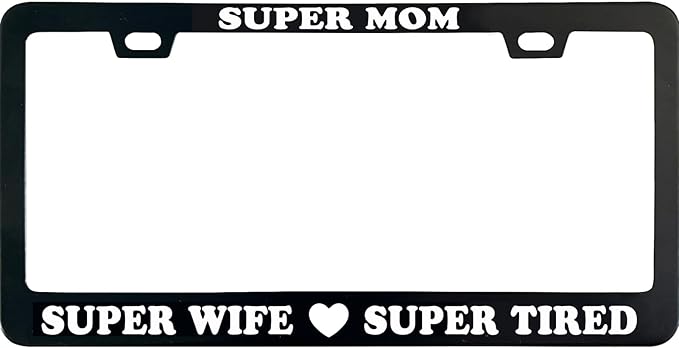 Mom Super Wife License Plate Frame, 12 X 6 Inch Black Stainless Steel Car Accessories for Women, with 2 Holes & Screws