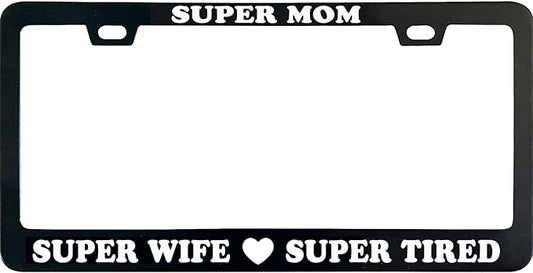 Mom Super Wife License Plate Frame, 12 X 6 Inch Black Stainless Steel Car Accessories for Women, with 2 Holes & Screws