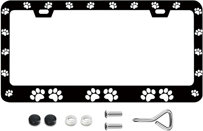 Stylish Cat Dog Paw Print License Plate Frame - Rust-Proof Stainless Steel, Fits Standard U.S. Canada Vehicles - Perfect Car Decoration for Men and Women 12.3x6.3 Inch License Plate Holder -DATANSEN