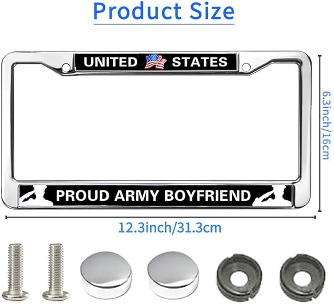 Proud Army Boyfriend 2-Holes Stainless License Plate Frame,Proud US Army Polish White Stainless Steel License Plate Frame with Screws Caps Sets