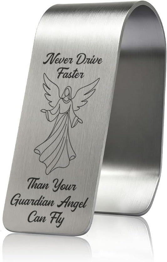 Never Drive Faster Than Your Guardian Angel Can Fly Engraved Stainless Steel Car Visor Clip, Funny Guardian Angel Safe Driving Gifts for Family Friend, Drive Safe Reminder Gifts