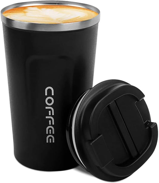 MOMSIV 12oz Travel Mug, Insulated Coffee Cup with Leakproof Lid, Vacuum Stainless Steel Double Walled Reusable Tumbler for Hot and Cold Water Coffee and Tea In Travel and Car Black
