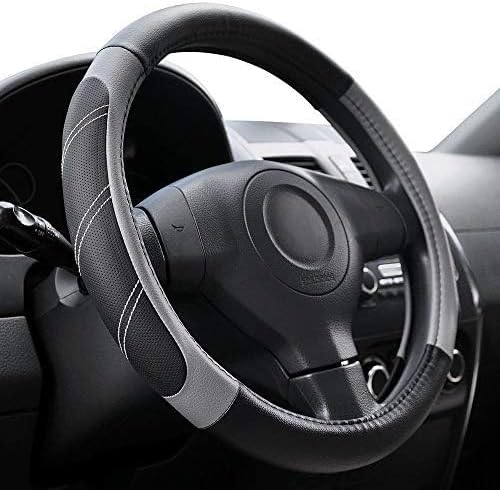 Elantrip Leather Large Steering Wheel Cover 15 1/2 to 16 inch Soft Grip Breathable for Car Truck SUV Jeep Anti Slip Black and Gray