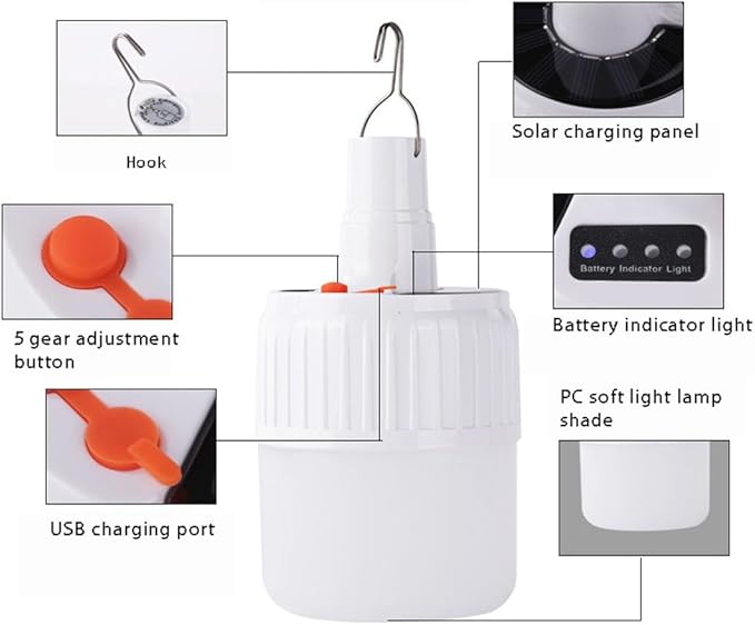 Solar Lamp Camping LED Tent Lights Remote Control 4000mah 5 Mode USB Rechargeable Portable Waterproof Lantern Blub Hanging Hook for Indoor Home Outdoor Emergency Courtyard Power Outage 2 Pack