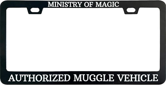 Ministry of Magic Authorized Muggle Vehicle License Plate Frame, 12 X 6 Inch Black Stainless Steel Car Accessories for Women/Men, with 2 Holes & Screws