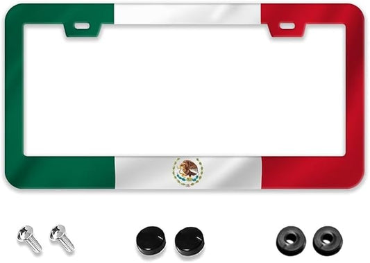 Mexican Flag License Plate Frame - 1 Pack Personalized Aluminum Car License Plate Cover Mexico License Plate Holder Universal US-Canada 2 Hole Auto Car Tag for Women/Men