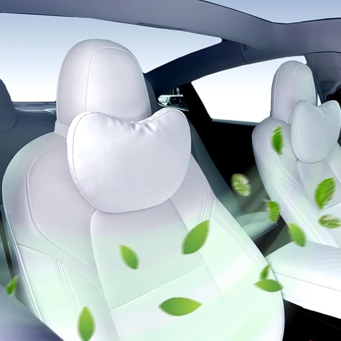Tesla Neck Pillow Car Seat Headrest, 2 Pack, Neck Pillow for Tesla Model Y, Tesla Model 3, Tesla Model X, Tesla Model S Nappa Leather. Height Adjustable, Thickness Adjustable. (White)