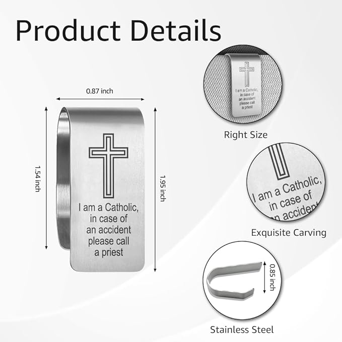I Am A Catholic, in Case of an Accident Please Call A Priest Engraved Stainless Steel Car Visor Clip, Travels Visor Car Accessories for Women Men, Catholic Gifts for Family Friend Driver