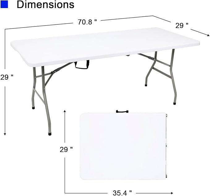 2 PCS 70.8" W X 29" D X 29" H - 6 ft White Folding Table White Portable Heavy Duty Plastic Fold-in-Half Utility Foldable Table for Camp,Picnic & Party