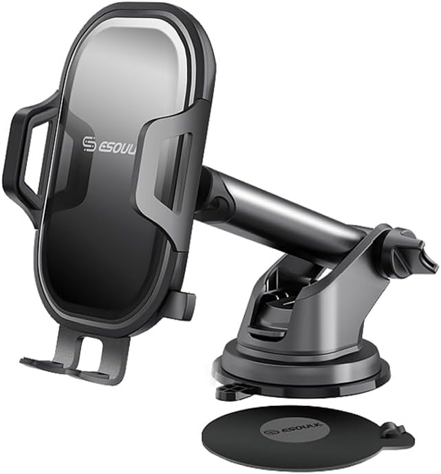 Esoulk 360° Rotating Windshield & Dashboard Car Phone Holder – Strong Suction Cup, Adjustable Long Arm, Secure Grip, Compatible with iPhone, Samsung, Android, GPS (Dash (Slide Arm))