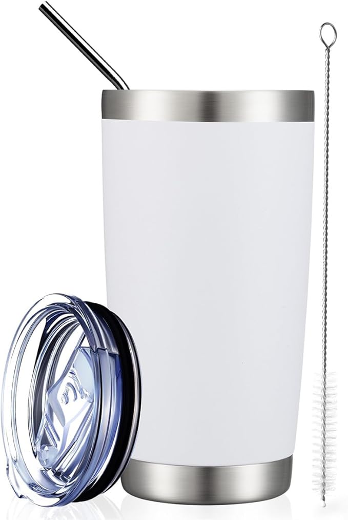 COMOOO 20oz Tumbler with Straw Stainless Steel Insulated Coffee Tumbler Cups Thermal Double Wall Vacuum Travel Coffee Mug with Splash Proof Sliding Lid for Home, Office, School (White, 1 Pack)