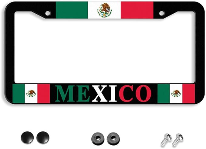 Mexican Flag License Plate Frames Personalized Flag Decoration Car Tags Aluminum Metal License Plate Covers Customized Mexican Flag License Plate Holders for Men and Women with Accessories 2 Holes