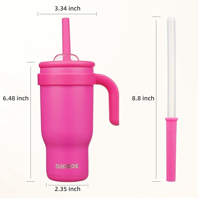BJPKPK 18 OZ Insulated Travel Tumbler with Handle and Straw, Stainless Steel Water Bottle, Double Wall Vacuum Insulated Mug, for Work, Car, Travel, Rose Red