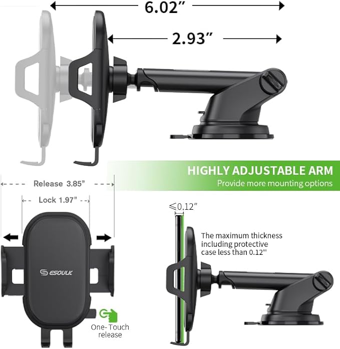 Esoulk 360° Rotating Windshield & Dashboard Car Phone Holder – Strong Suction Cup, Adjustable Long Arm, Secure Grip, Compatible with iPhone, Samsung, Android, GPS (Dash (Slide Arm))