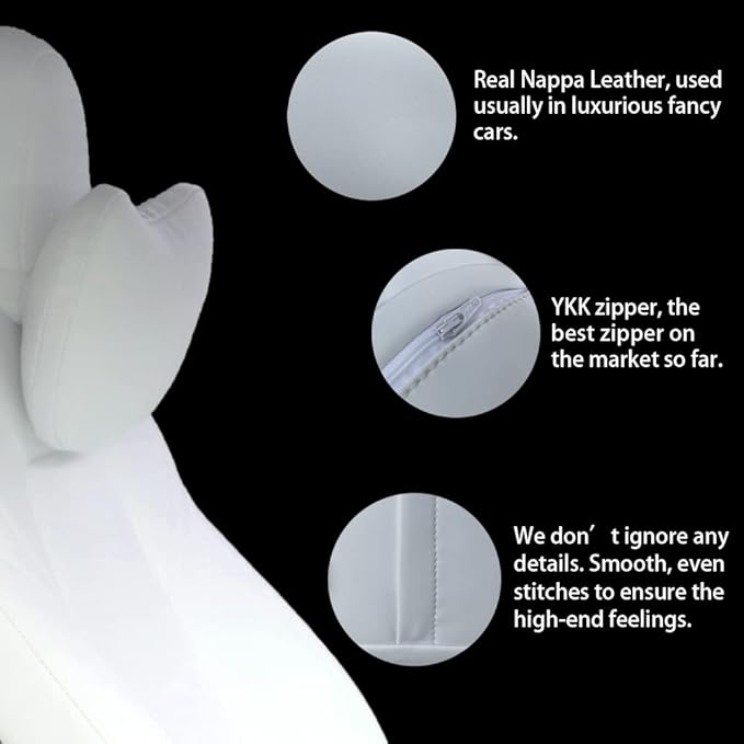 Upgraded Car Headrest Pillow 2 Packs Genuine Nappa Leather Car Neck Pillow Tesla Model Y Model 3 Model X Model S Universal Fit Neck Support Cushion White