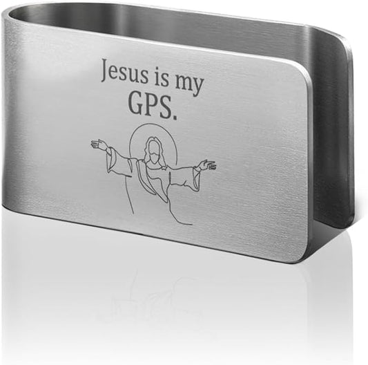 Jesus is My GPS Engraved Stainless Steel Car Visor Clip, Travels Visor Car Accessories, Driving Safety Prayer Religious Gifts for Dad Husband Grandpa, Funny Christian Gifts for Family Friend