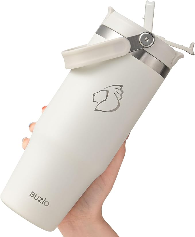 BUZIO 32 oz Tumbler with Handle, Insulated Tumbler with 2-in-1 Lid and Straw, Stainless Steel Vacuum Insulated Iced Coffee Tumbler Cup Water Bottle for Water, Iced Tea or Coffee, Smoothie